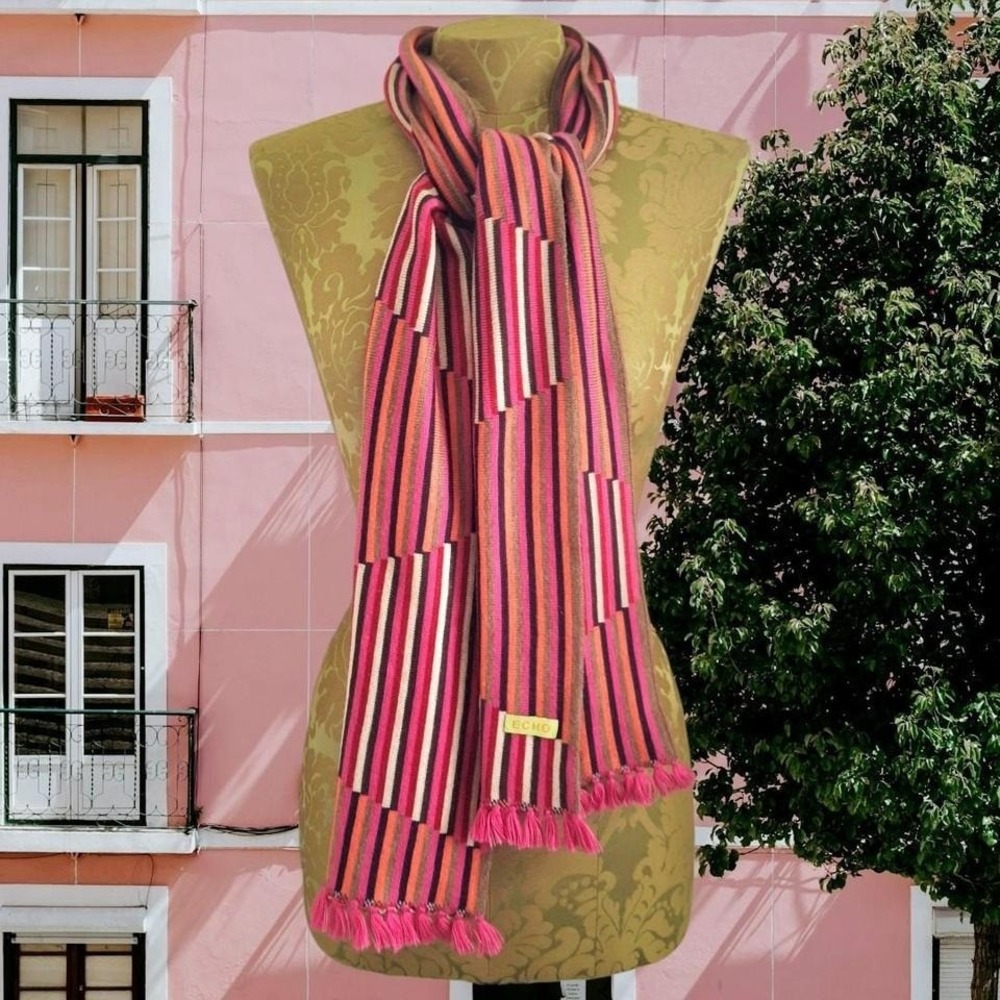 Pink‎ Multicolor striped knit Echo scarf with fringe colorful funky luxury
